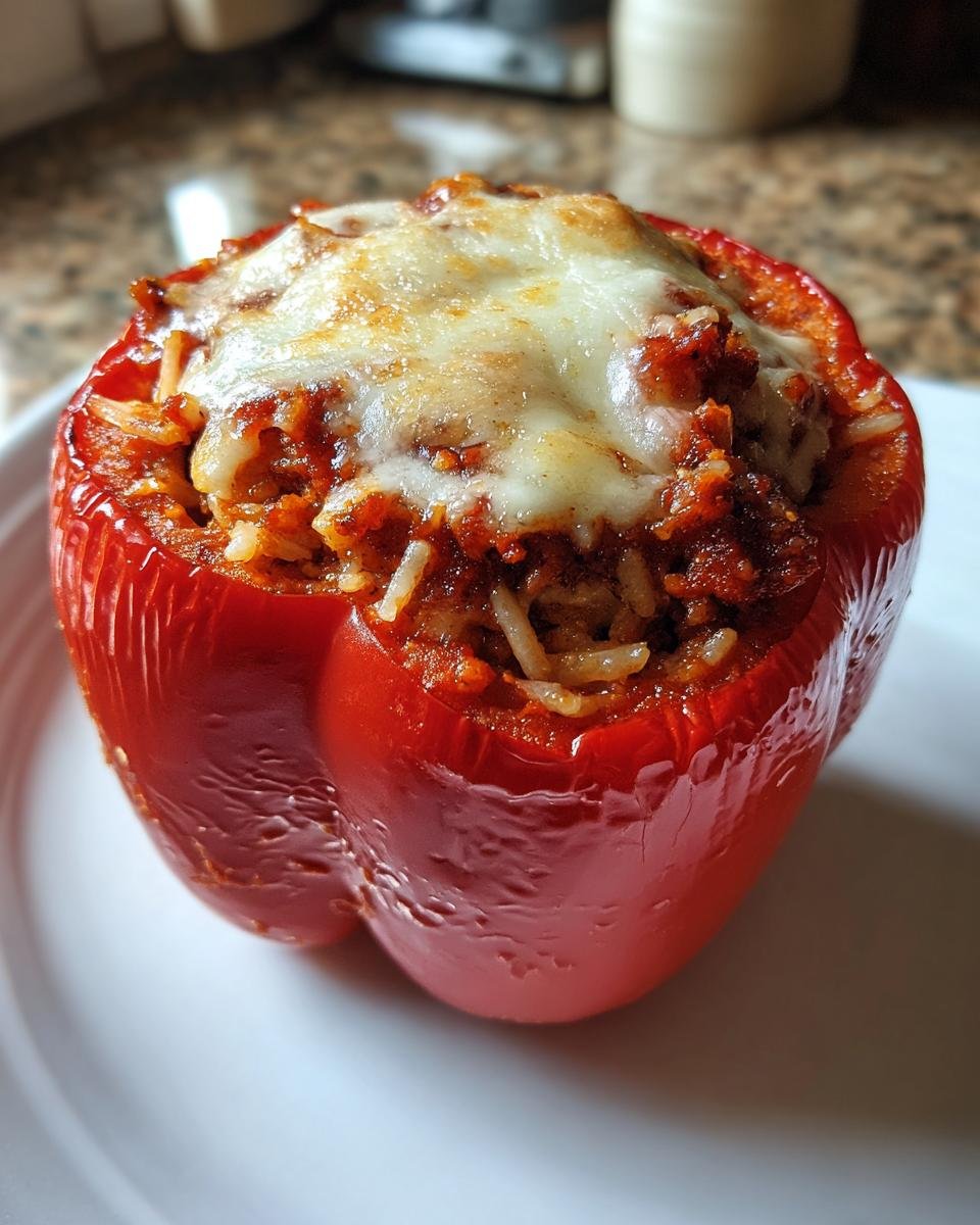 A close-up of one bright red, baked Sausage Stuffed Peppers topped with melted white cheese.