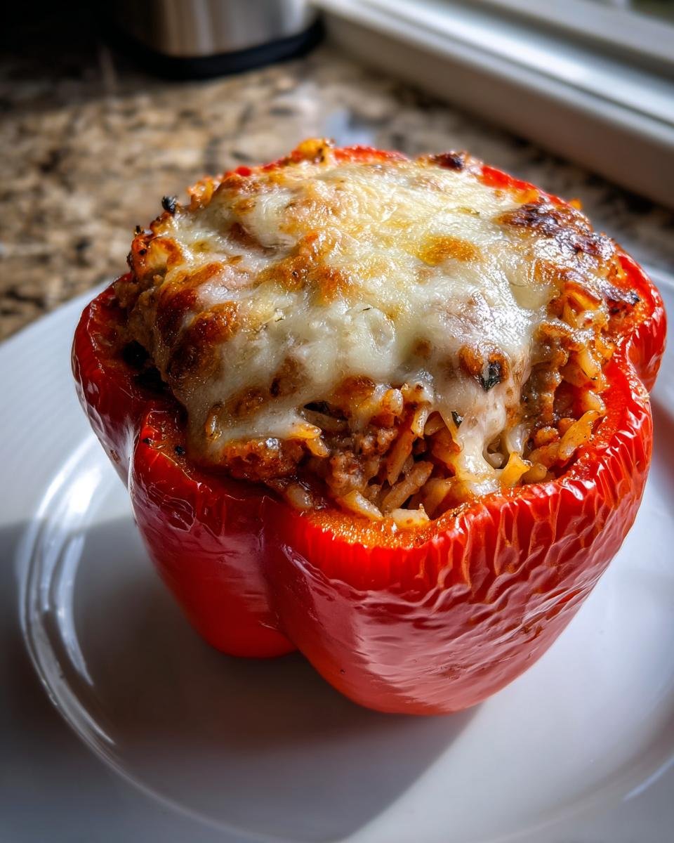 A single, vibrant red Sausage Stuffed Peppers, generously filled with rice and meat and topped with melted, browned cheese.