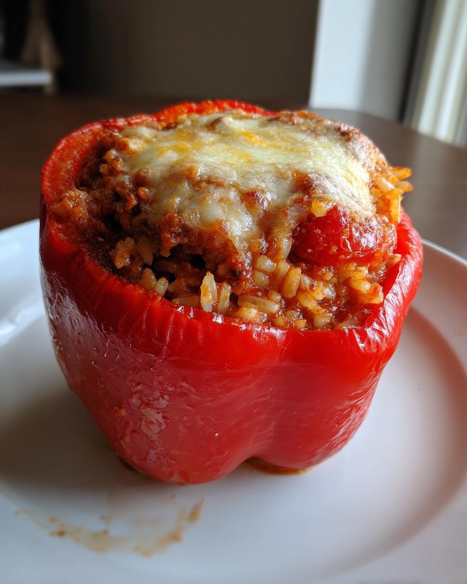 A single, bright red bell pepper stuffed with a savory sausage and rice mixture, topped with melted cheese, representing Sausage Stuffed Peppers.