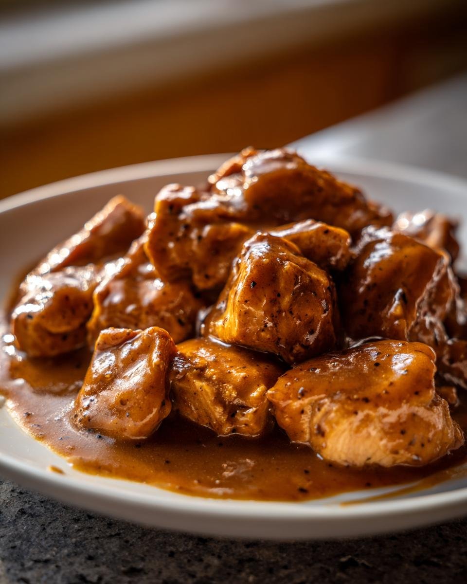 Close-up of tender, cubed chicken pieces smothered in rich, dark brown gravy, ready to serve.