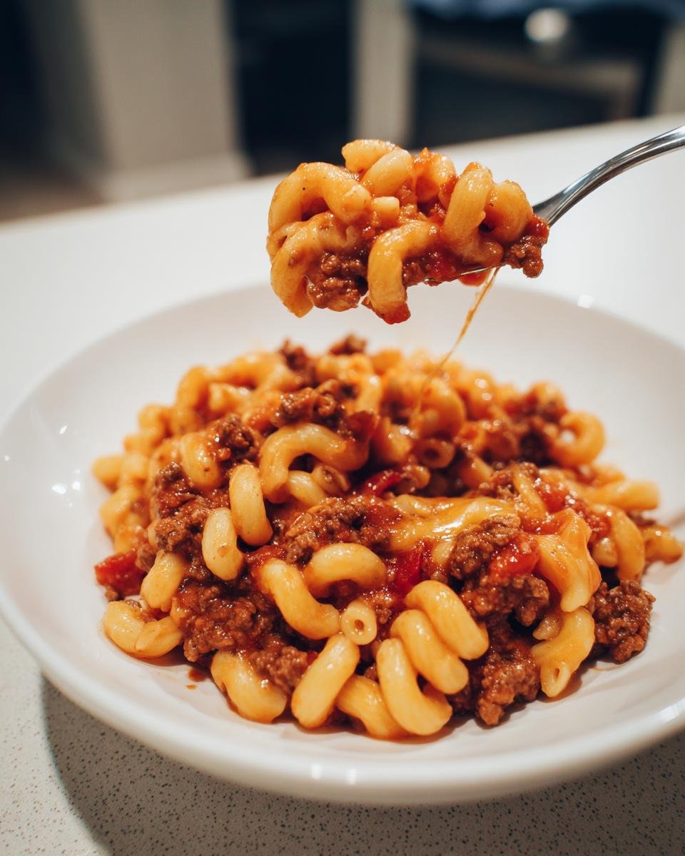 A fork lifting a bite of cheesy Beef Macaroni, showing melted cheese stretching back to the bowl.