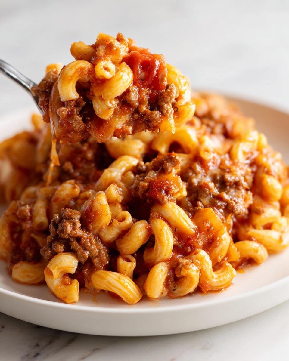 A spoonful of creamy, saucy Beef Macaroni being lifted from a white plate of the dish.