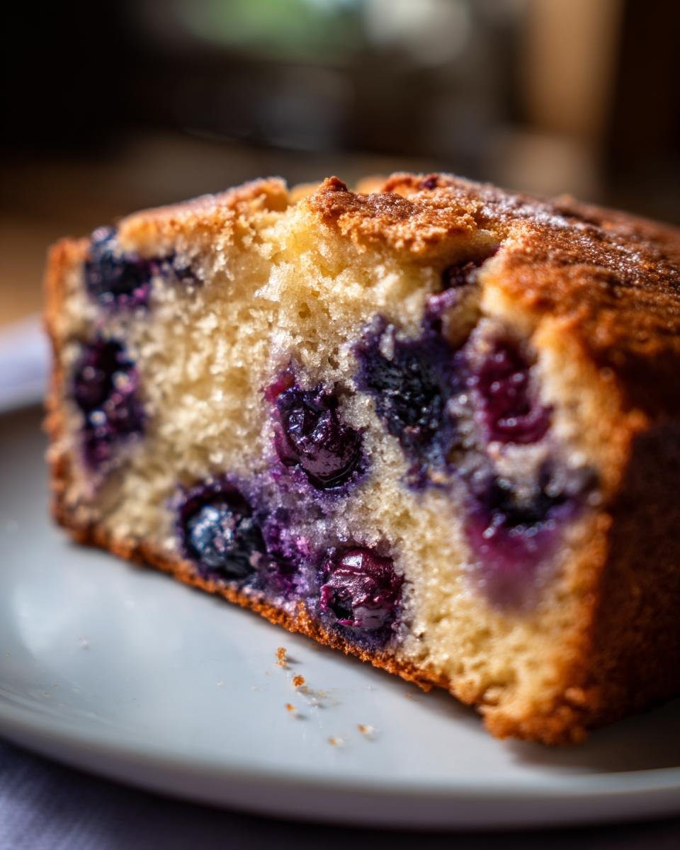 Close-up of a moist slice of Peach Blueberry Cake showing juicy blueberries baked into the golden crumb.