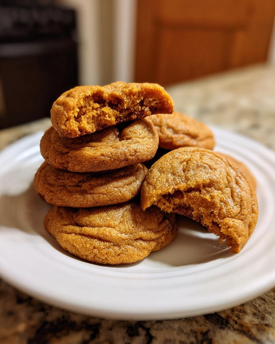 A stack of soft, golden brown Cake Mix Cookies on a white plate, with one cookie broken in half showing the chewy interior.