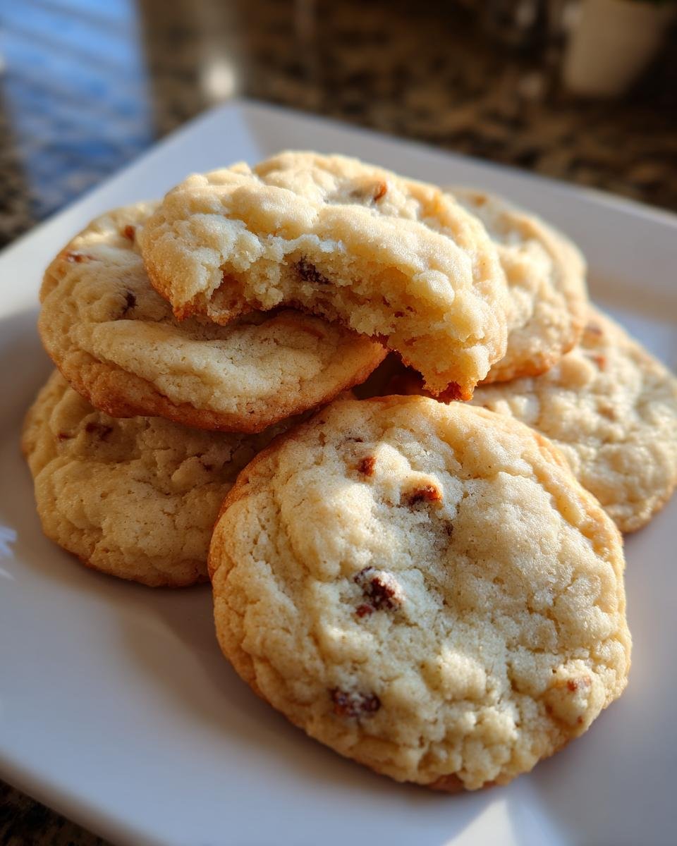 A stack of soft, golden brown Cake Mix Cookies on a white plate, one cookie has a bite taken out.
