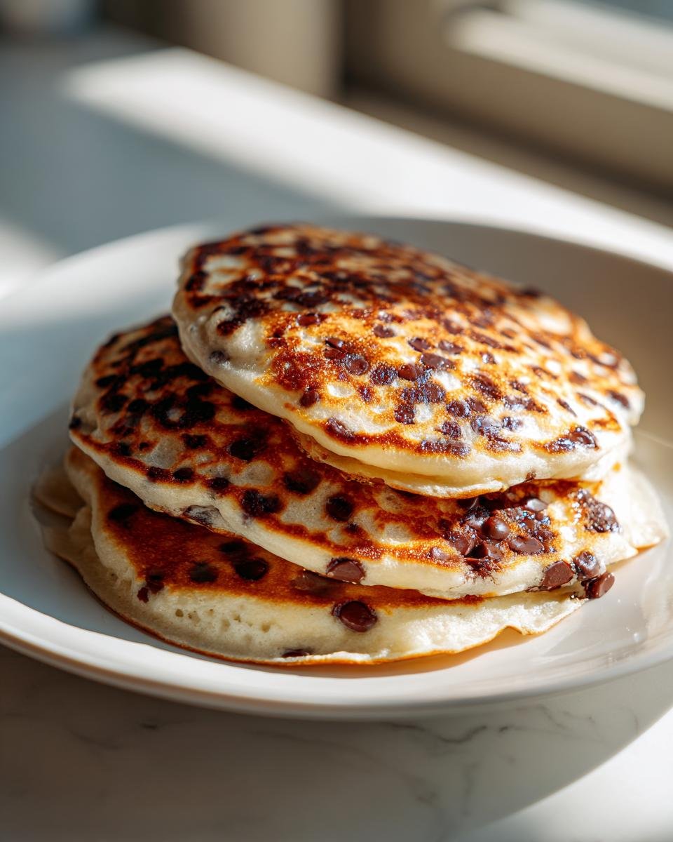 A stack of three golden-brown Chocolate Chip Pancakes with melted chocolate visible on the surface, served on a white plate.