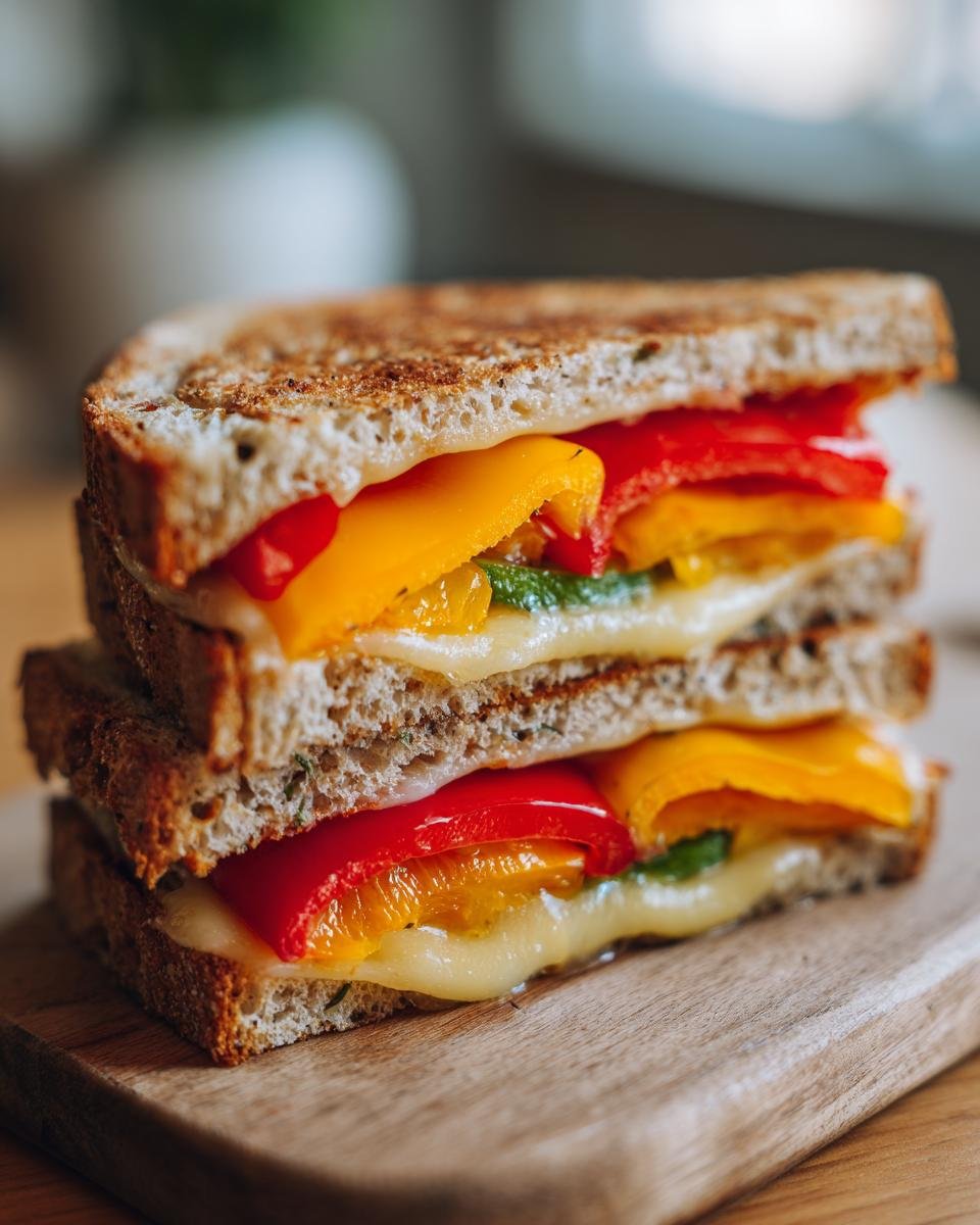 A close-up of a stacked, grilled Bell Pepper Sandwich featuring melted cheese and slices of red and yellow bell peppers.