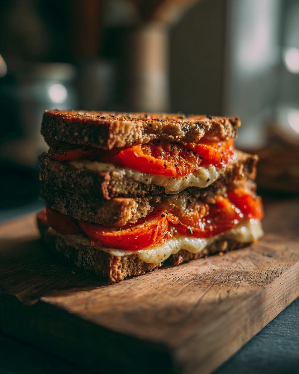 A close-up of a stacked, toasted Bell Pepper Sandwich featuring melted cheese and roasted red peppers on dark bread.