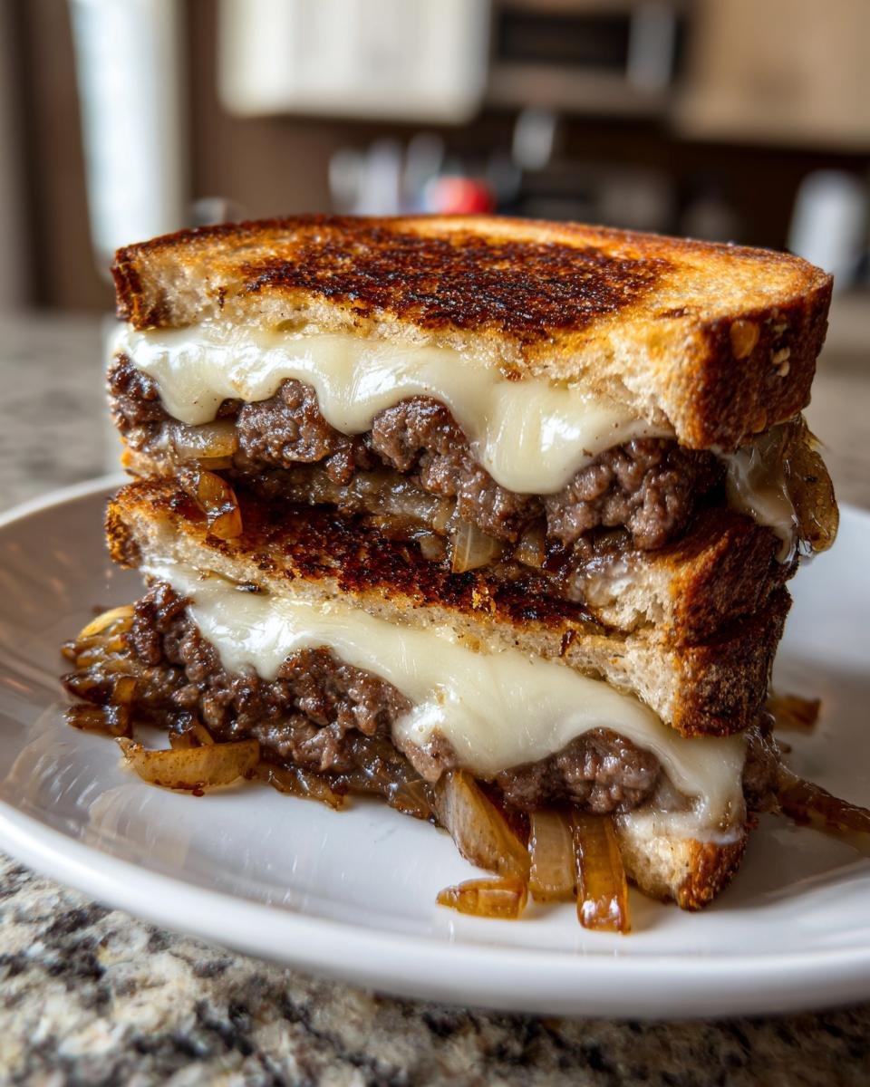 Close-up of a stacked, grilled Patty Melts sandwich featuring ground beef, caramelized onions, and gooey melted Swiss cheese.