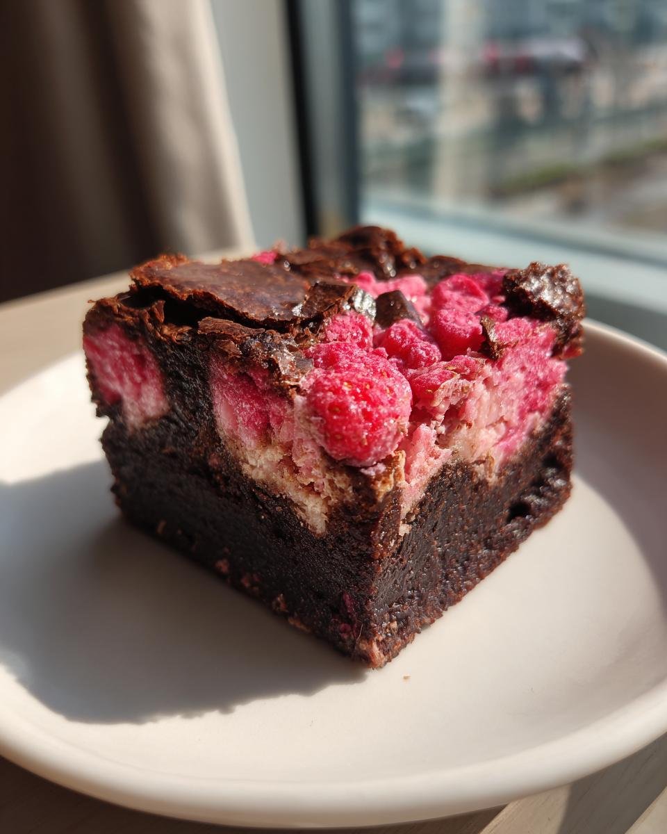 A close-up of a rich, dark chocolate Strawberry Crunch Brownies slice topped with bright pink, textured berries.