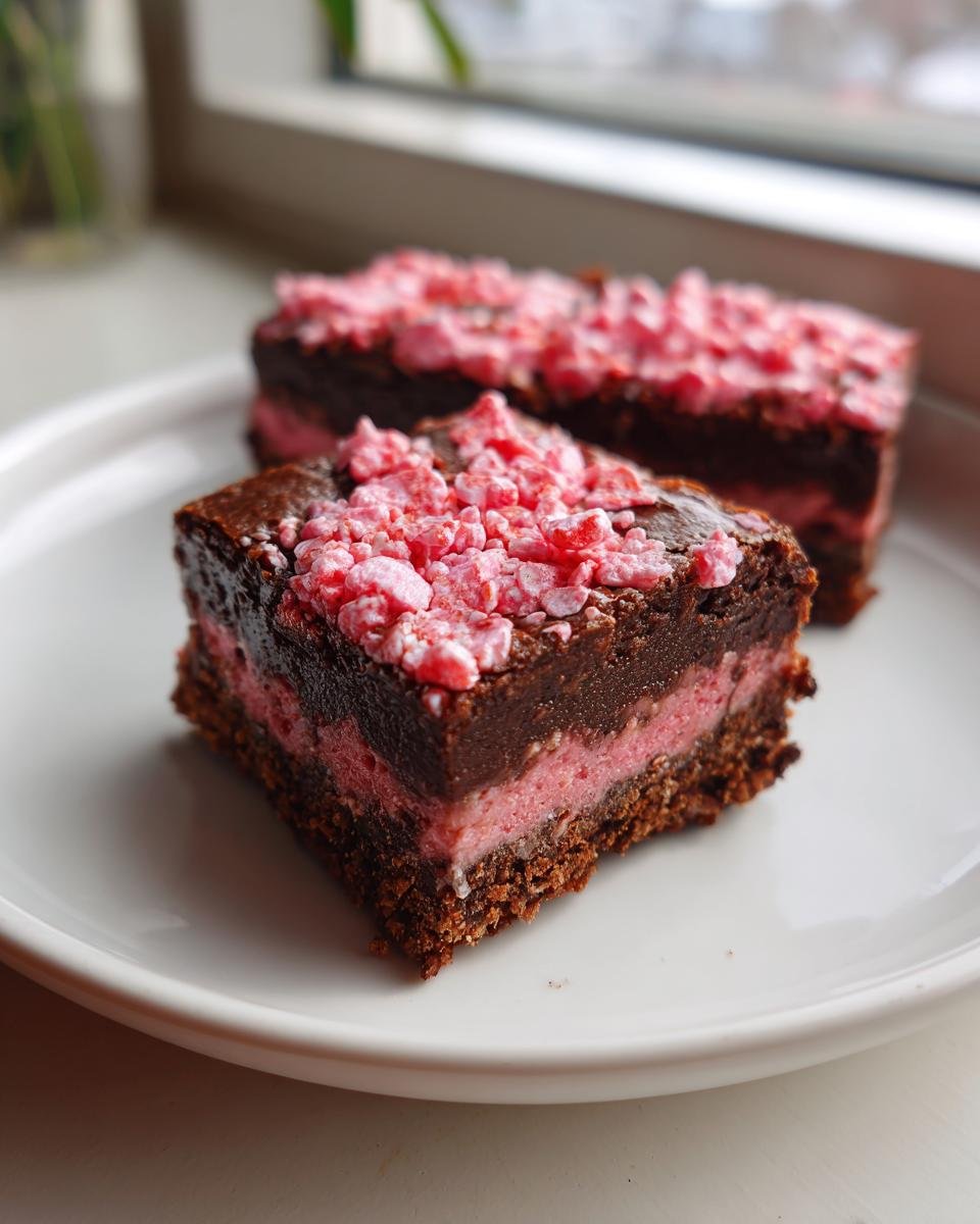 Two slices of rich Strawberry Crunch Brownies featuring a dark chocolate base, pink filling, and crunchy pink topping.