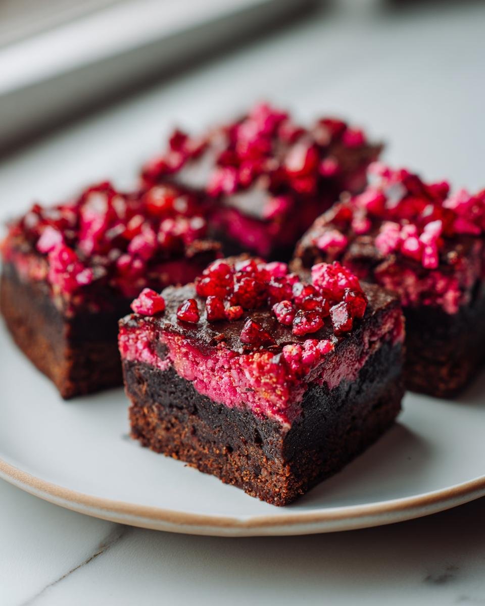 Four squares of rich, dark Strawberry Crunch Brownies with a bright pink layer and red berry topping on a white plate.