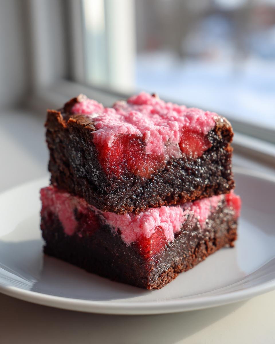 Two stacked squares of rich, dark Strawberry Crunch Brownies featuring a bright pink and red strawberry topping.
