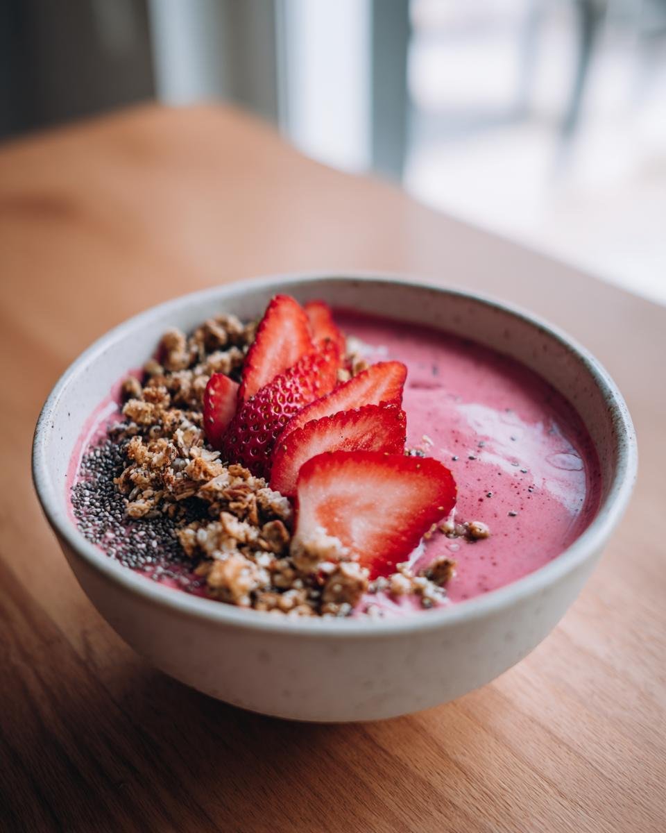 A vibrant pink Strawberry Smoothie Bowl topped with sliced fresh strawberries, crunchy granola, and chia seeds.