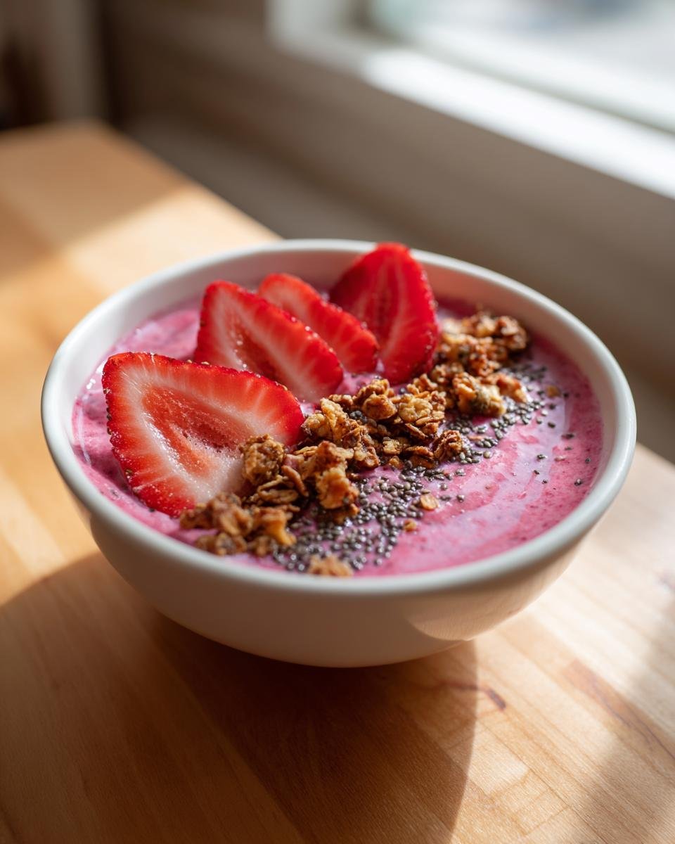 A vibrant pink Strawberry Smoothie Bowl topped with fresh sliced strawberries, granola, and chia seeds.