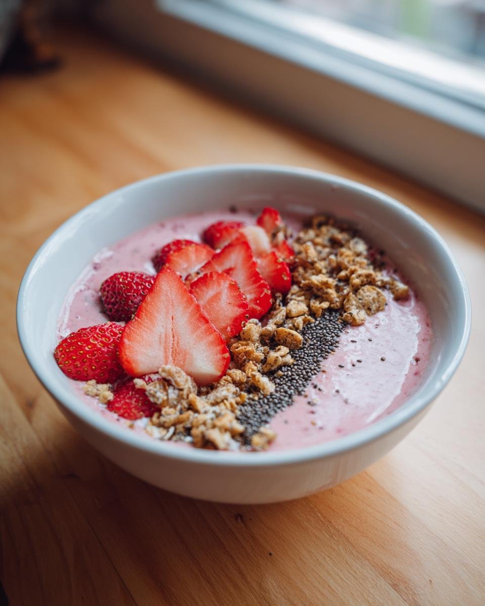 A vibrant Strawberry Smoothie Bowl topped with sliced fresh strawberries, crunchy granola, and chia seeds, set on a wooden surface.