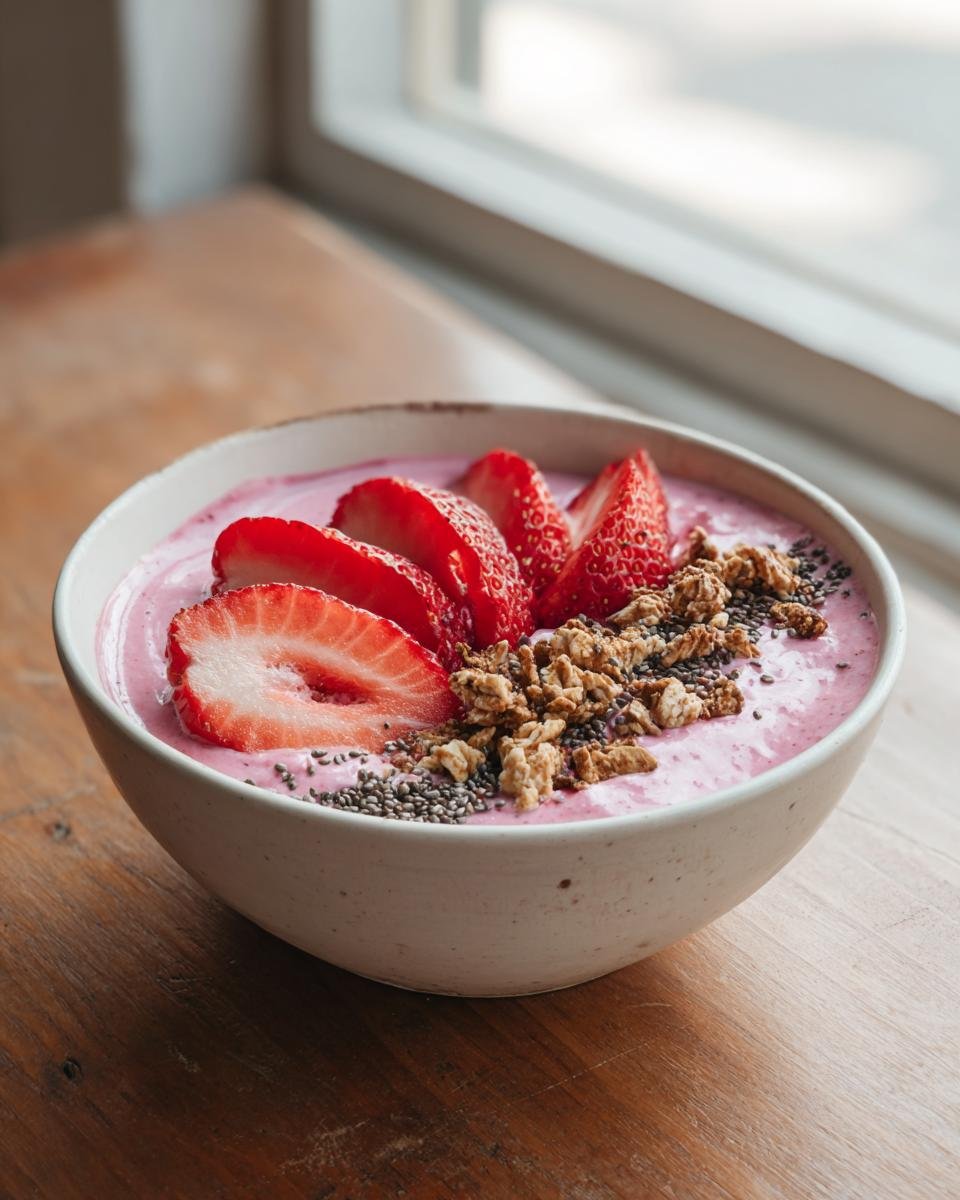 A vibrant pink Strawberry Smoothie Bowl topped with sliced fresh strawberries, granola, and chia seeds.