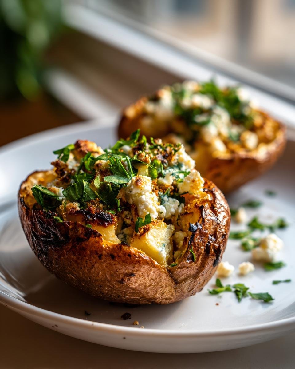 Close-up of a baked potato stuffed with feta cheese, herbs, and crumbs, resembling Baked Apples With Feta.