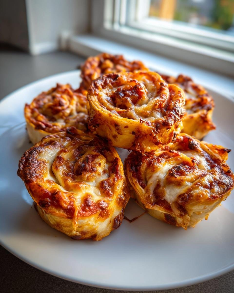 A close-up of several freshly baked Tortilla Pizza Rolls, golden brown and cheesy, stacked on a white plate.