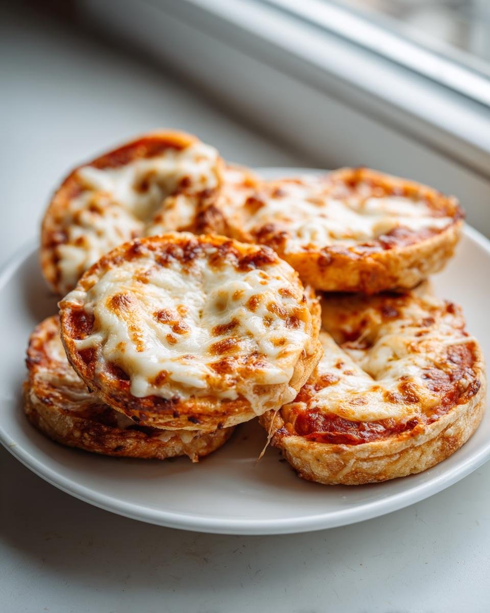 Close-up of several golden-brown Tortilla Pizza Rolls topped with melted, bubbly mozzarella cheese on a white plate.