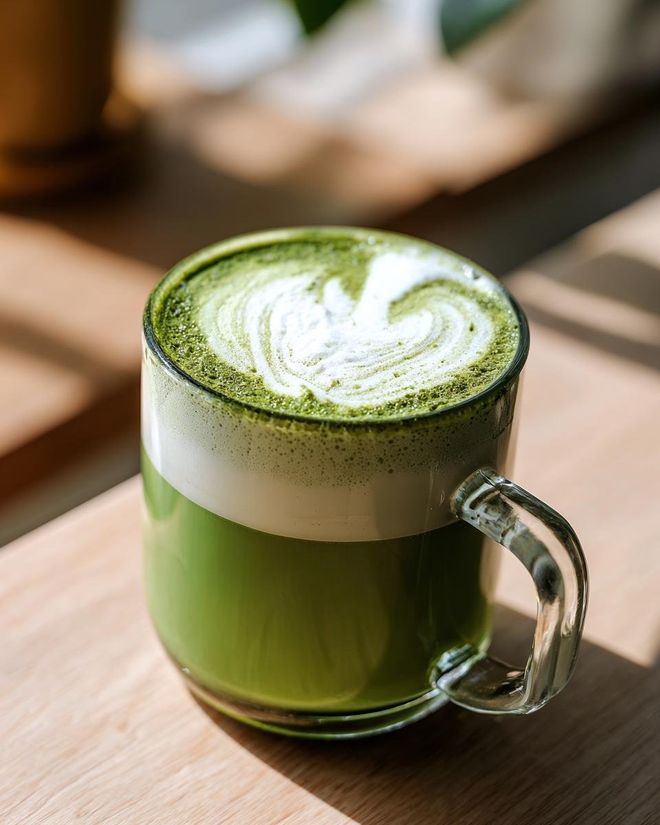 Close-up of a vibrant green Matcha Latte in a clear glass mug with white foam latte art.