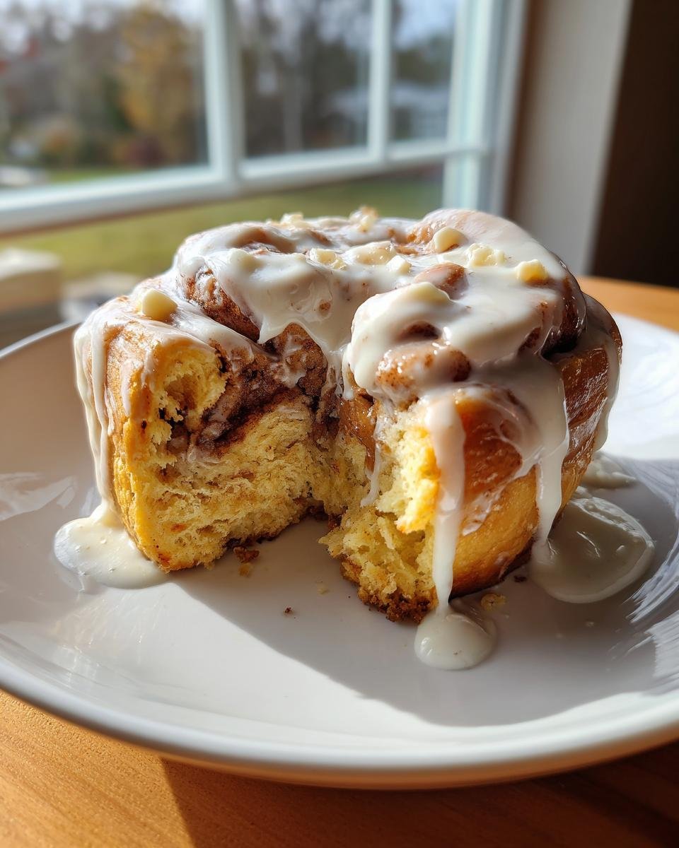 A soft, gooey White Chocolate Cinnamon Roll cut in half, drizzled with thick white chocolate icing and topped with white chocolate chips.