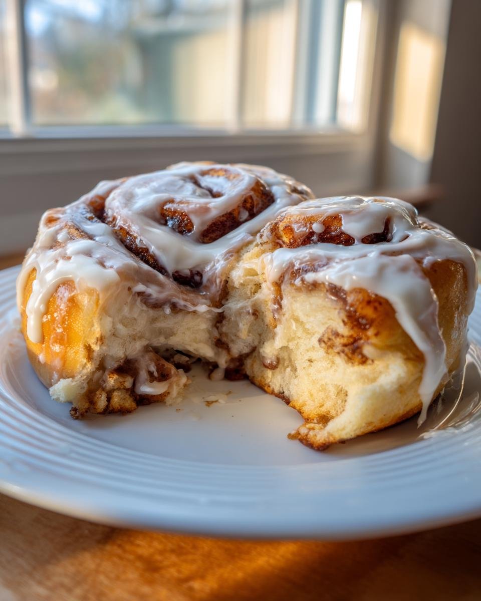 A soft, pull-apart White Chocolate Cinnamon Roll covered in thick white icing, sitting on a white plate.