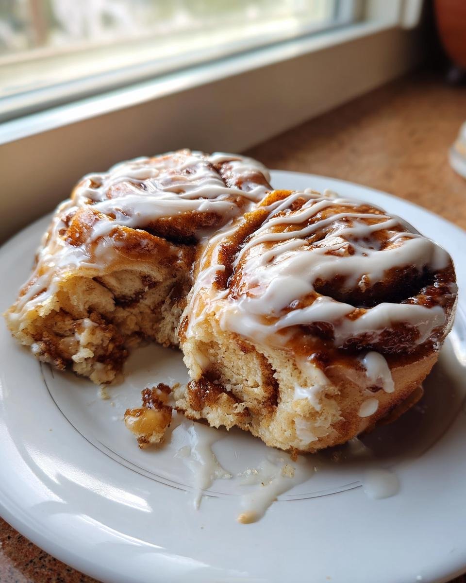 Two soft White Chocolate Cinnamon Rolls drizzled heavily with white icing, one partially eaten, on a white plate.