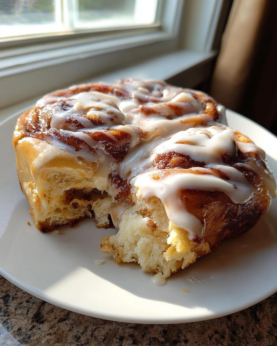 A close-up of a soft, gooey White Chocolate Cinnamon Roll, partially eaten, covered in thick white icing, sitting by a sunlit window.